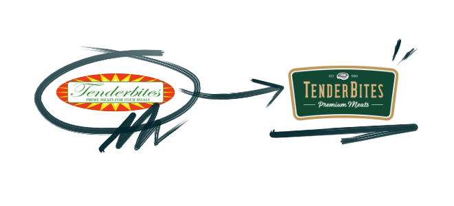 Before and after of the TenderBites logo. Transforming the old TenderBites logo into a brand-new, improved logo.